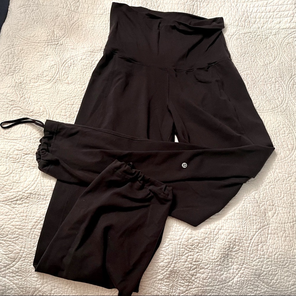 Lululemon foldover waist wide leg drawstring hem black pants size 10 luon